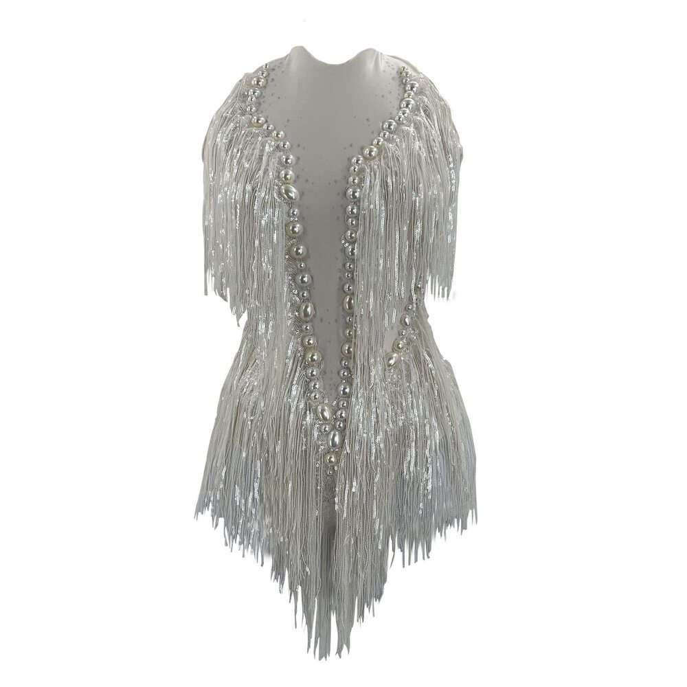 4503 Sparkly Diamante Fringe Bodysuit Sexy Dancer Celebrate Outfit Prom Bar